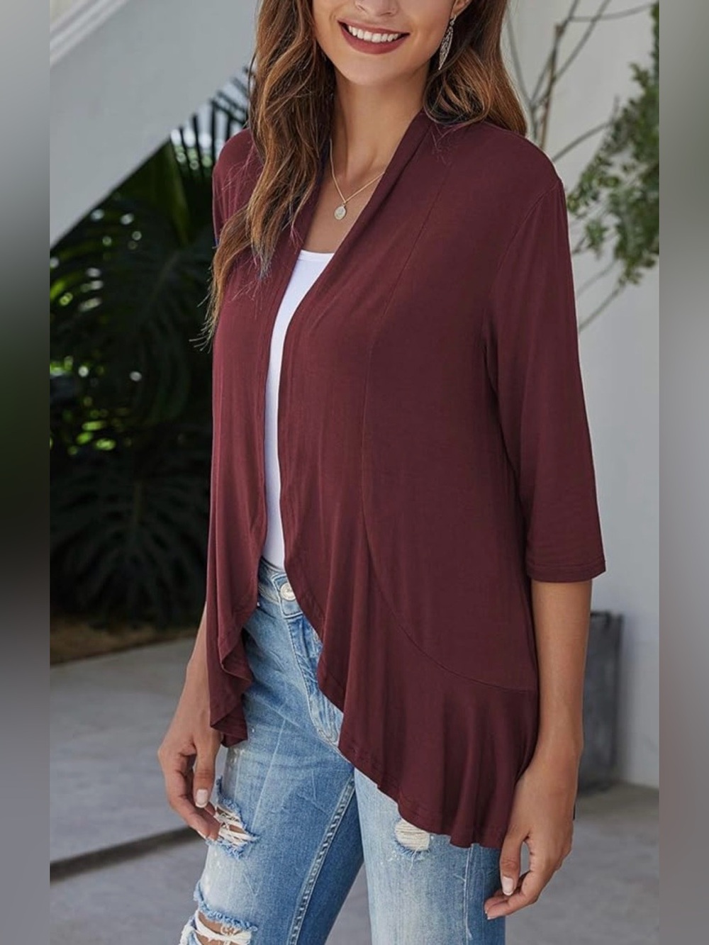 Women Lightweight Open Front Cardigan Soft Draped Ruffles 3/4 Sleeve Cardigan